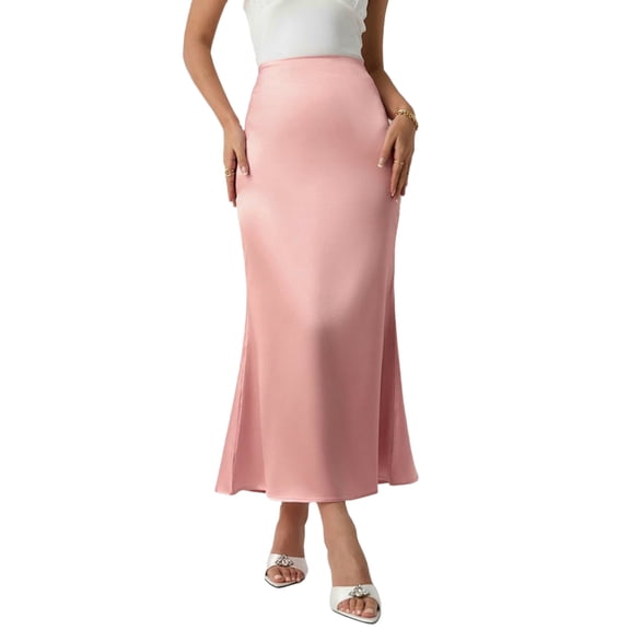 Hvot&aat Women's Elegant Silk Satin Skirts High Waist Slim A Line Fishtail Skirt Solid Color Ankle Pencil Skirts