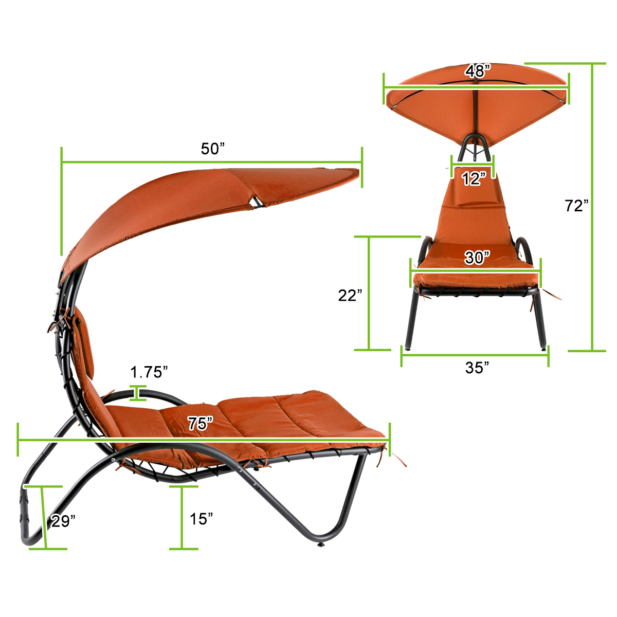 Hanging Chaise Lounger Chair Patio Porch Arc Swing Hammock Chair Canopy Outdoor [Orange] - image 4 of 8