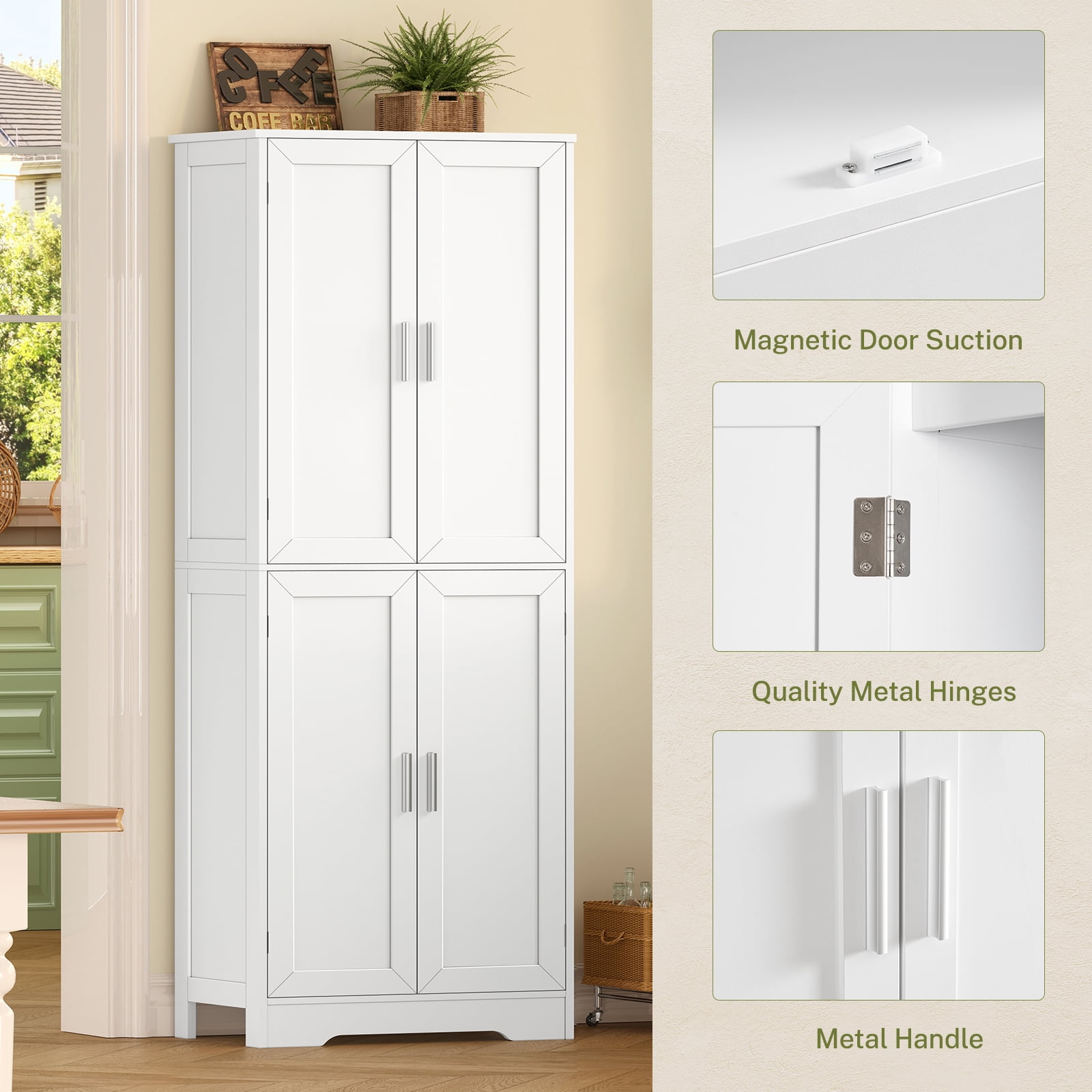TEENFON 67” Storage Cabinet, Kitchen Pantry Cabinet with 4 Doors and Adjustable Shelves, Cupboard, Tall Bathroom Cabinets for Dinning Room, Living Room, White