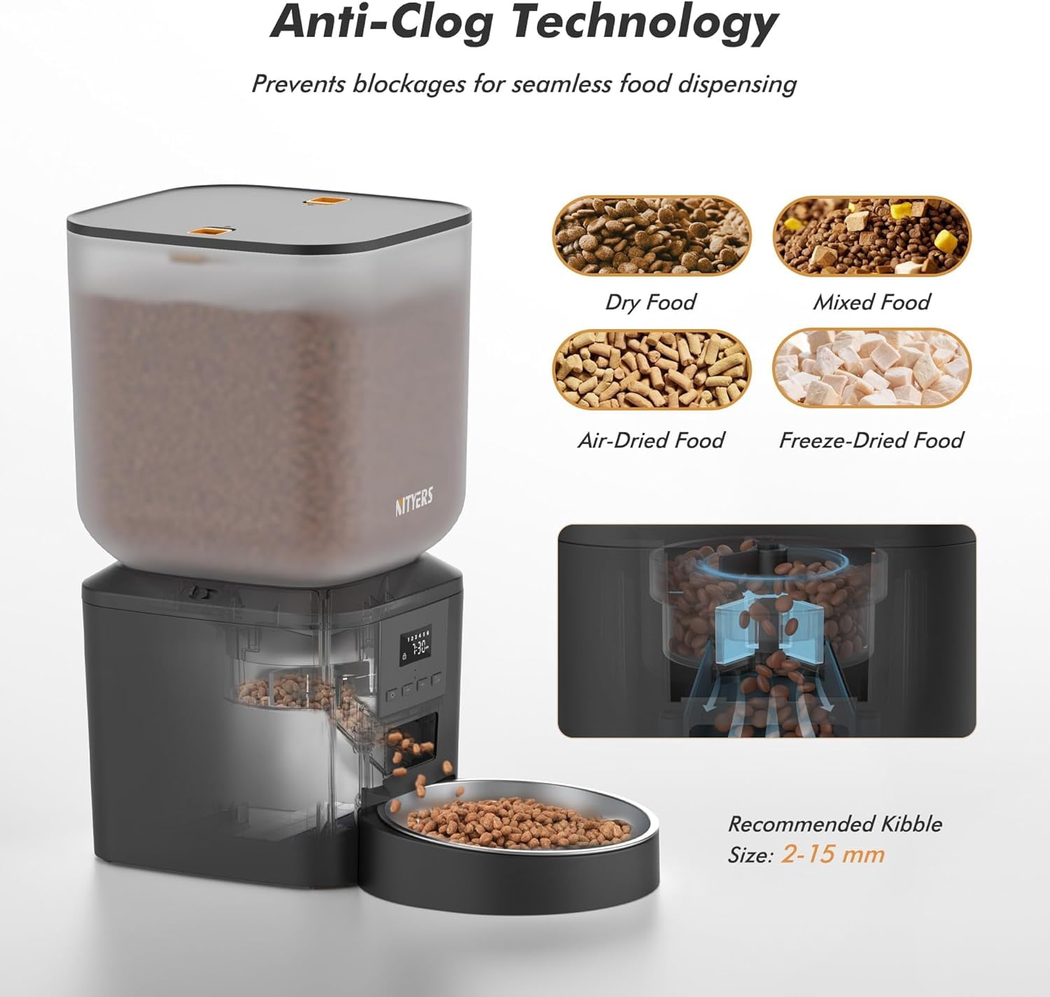 Automatic Cat Dog Feeder 8L Large Capacity with LCD Screen, Timed Dispenser for Dry Food, Stainless Steel Bowl, Voice Recording, Dual Power Supply