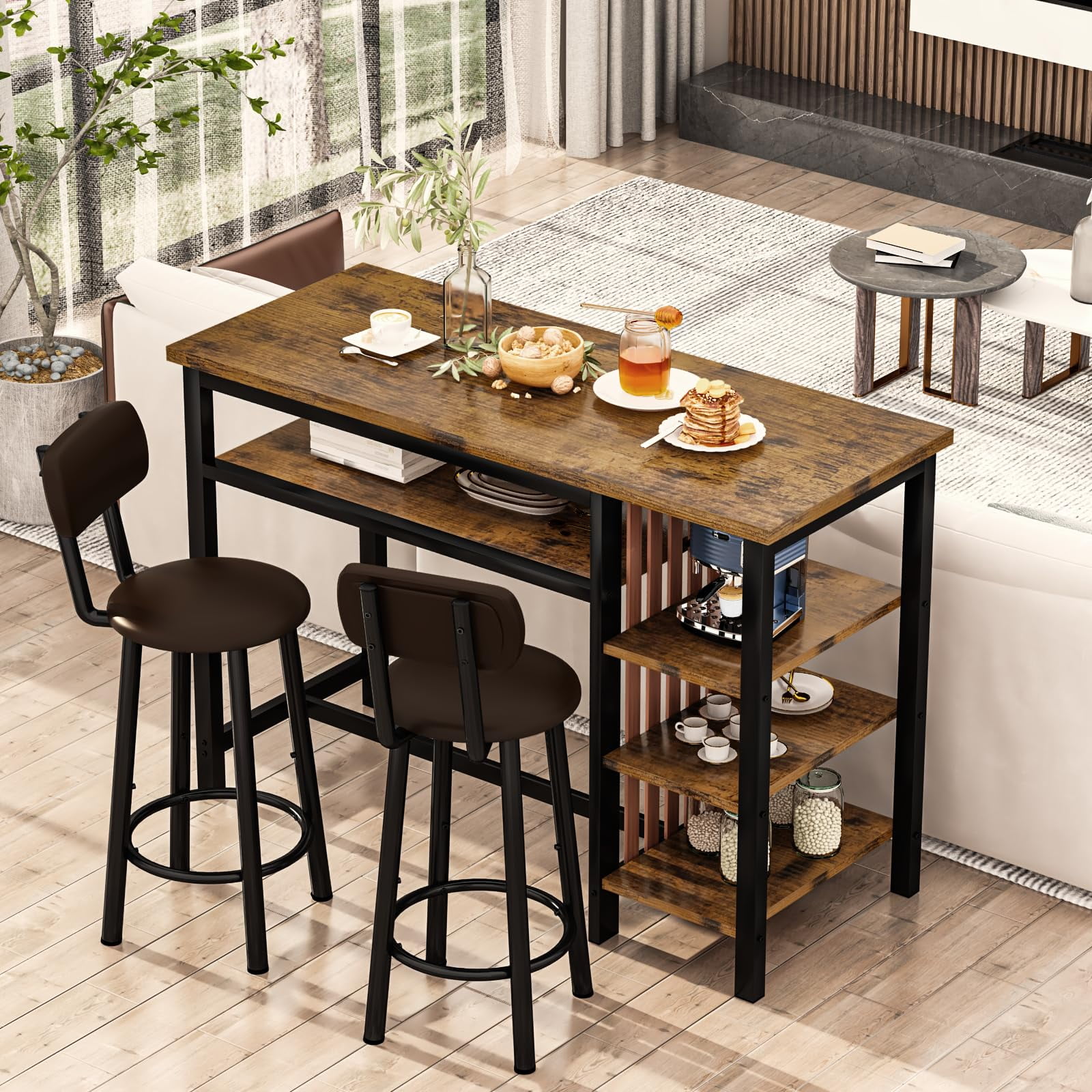 Lamerge Bar Dining Table Set for 2, 3 Piece Bar Table and Chairs Set, Kitchen Counter Height Dining Table Set, Small Kitchen Bar Table with Storage, Breakfast Nook Set for Small Space, Rustic Brown