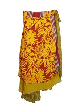 Mogul Women Yellow Red Silk Sari Wrap Skirt Two Layer Vintage Printed Beach Bikini Cover Up Resort Wear Sarong Dress