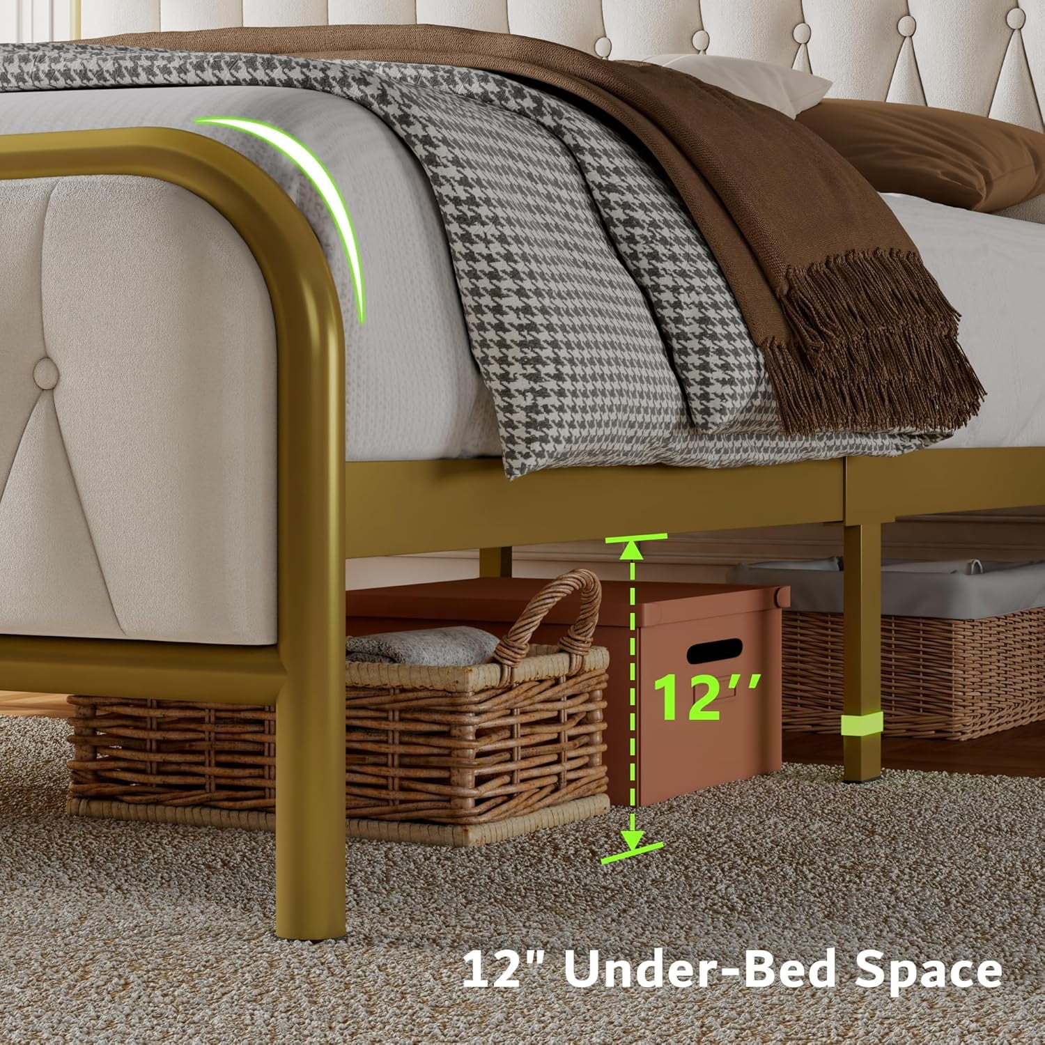 Feonase Velvet Queen Bed Frame with Type-C & USB Port, Metal Platform Beds, with Upholstered Headboard & Footboard, 12" Underbed Storage Space, Easy Assembly, Noise-Free, Gold&Beige