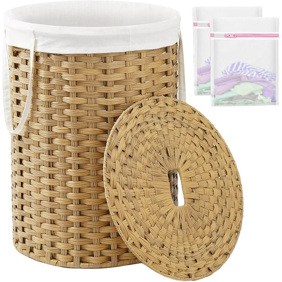 Laundry Basket with Lid Round Rattan Laundry Hamper with Lid and Handles 29.1 Gal (110 L) Handwoven Woven Basket with Removable Bags and 2 Mesh Bags for Bathroom Living Room Natural