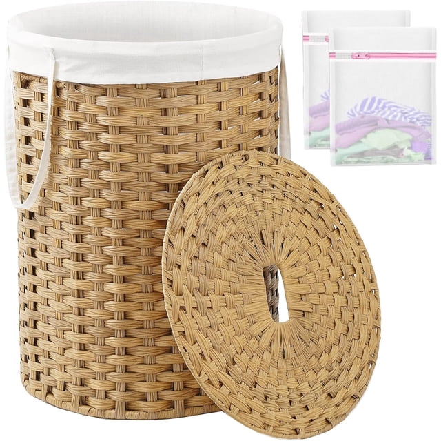 Large Laundry Hamper Laundry Basket Round Gal L) Handwoven Wicker Laundry Baskets Rattan Laundry Basket with Laundry Bag Handles Mesh Bags for Living Room Bedroom