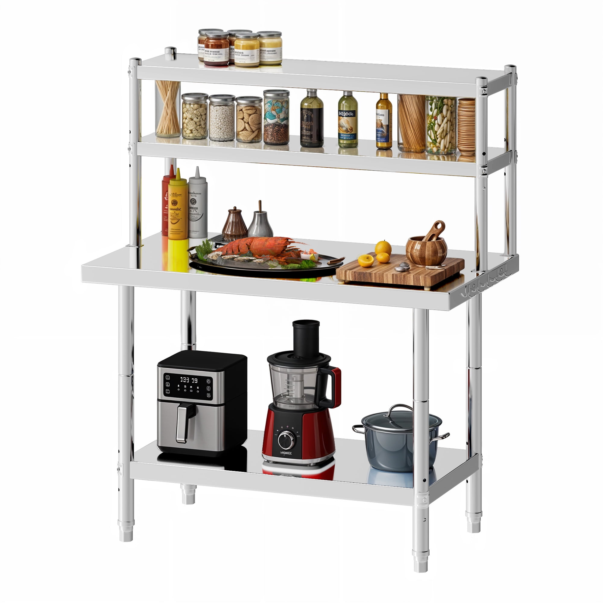 Uforic 42" x 24" Stainless Steel Prep Table with Adjustable Overshelf, Hooks, Heavy-Duty Metal Workbench for Commercial Kitchen Storage Shelves and Restaurants