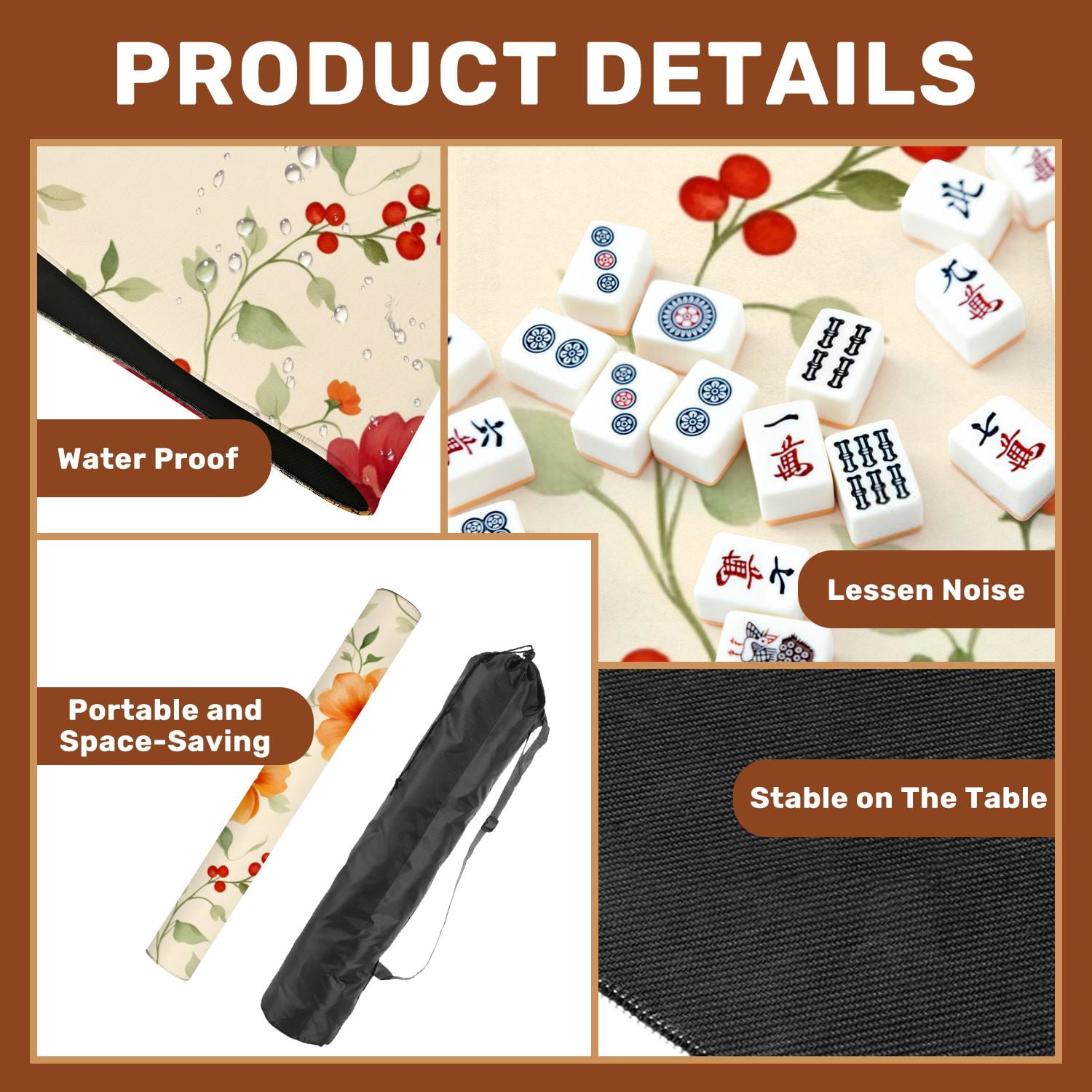 Mahjong Mat 31.5" x 31.5" Vintage Floral Orange Red Flowers Beige Non-Slip Noise Reduction American Mahjong Tiles Table Cover for Dominoes Poker Card Board Games Gift