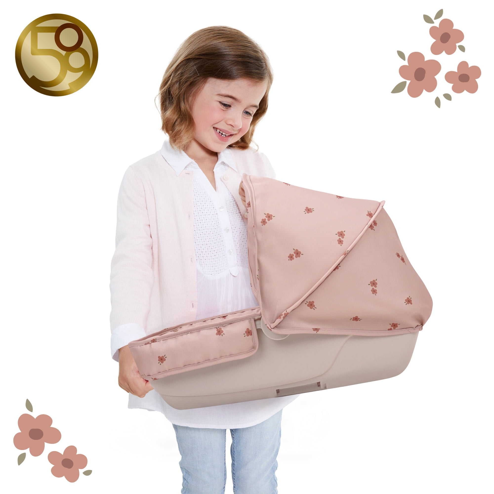 509 Crew: Ballet Flora - Bella 2-In-1 Doll Pram - Soft Pink Flower, Handbag, Removable Bassinet, Canopy-Adjustable Handle, Doll Accessory Toy, Kids 3+