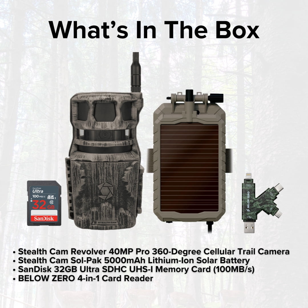 Stealth Cam Revolver 40MP Pro 360 Degree Cellular Trail Camera Bundle with Sol-Pak Solar Battery Pack, 32GB Ultra SDHC UHS-I Memory Card, and Hi-Speed SD USB 2.0 Card Reader (4 Items)