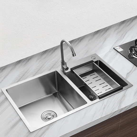 Double Basin 201 Stainless Steel Kitchen Sink, 30.7" Modern Rectangle Sink with Drainboard & Faucet Holes