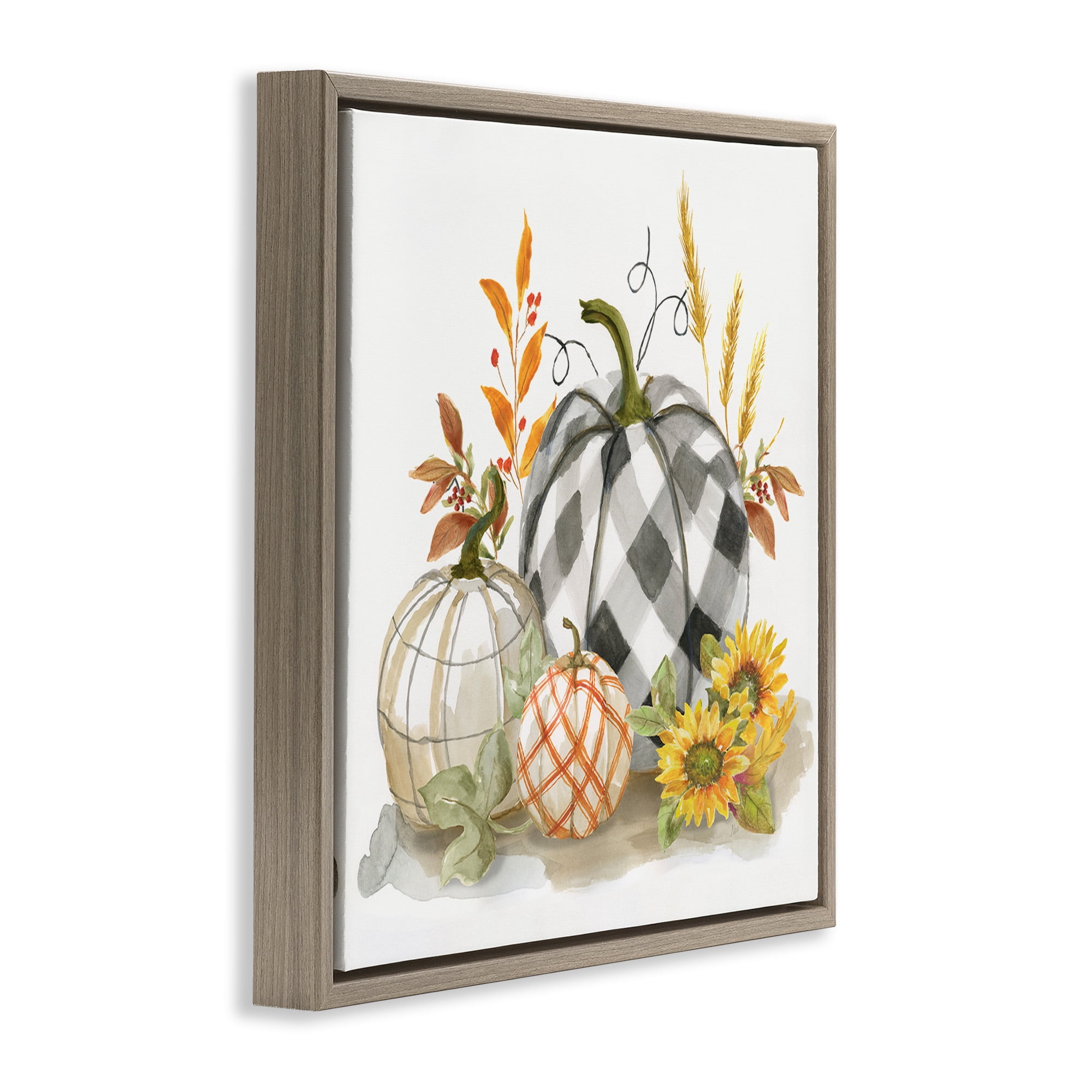 Stupell Industries Fall Patchwork Patterned Pumpkins Botanical & Floral Painting Brown Floater Framed Canvas Art Print Wall Art, 25 x 25