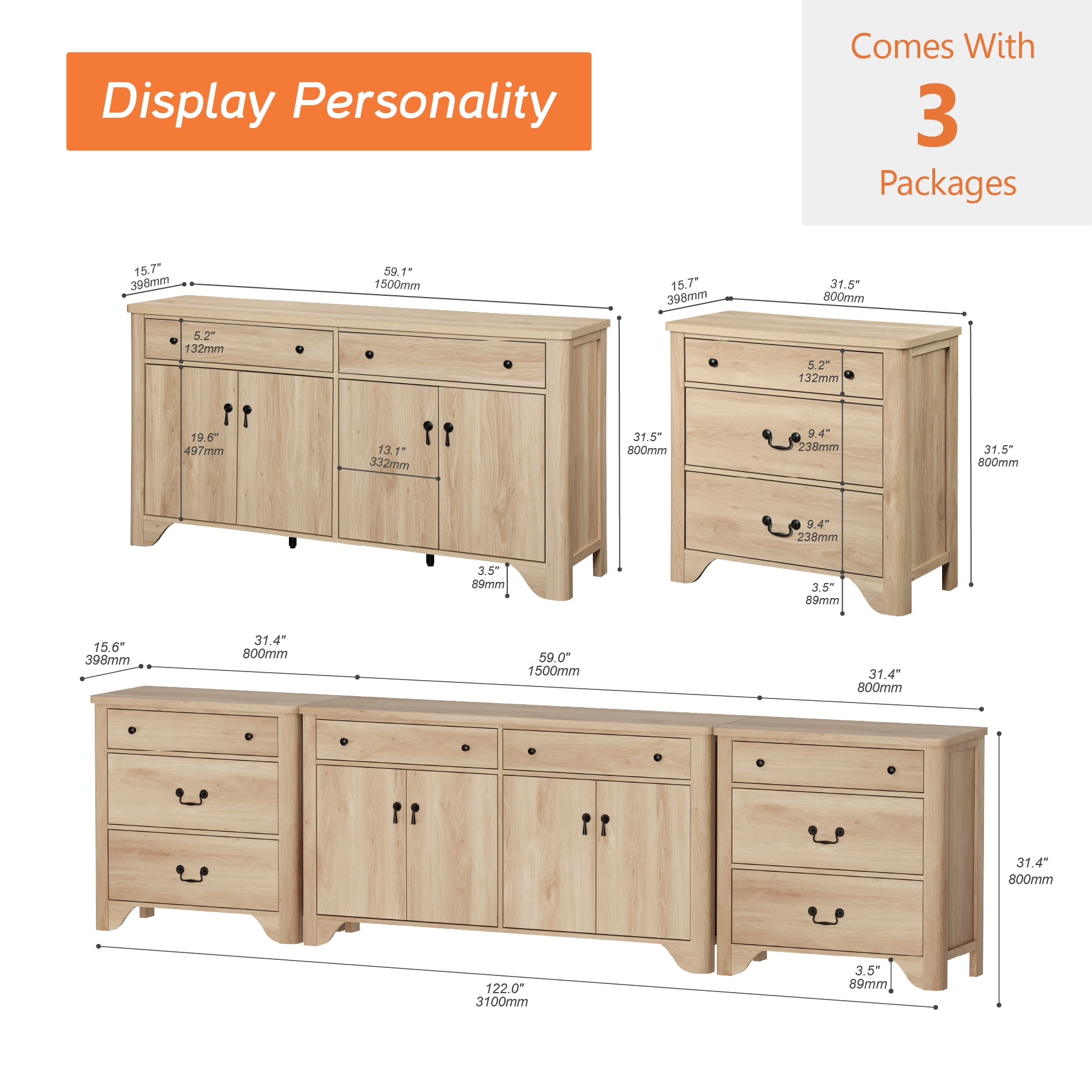 WAMPAT 59" Farmhouse Sideboard Buffet Cabinet with 3-Drawer Dresser Set of 2,Wood Coffee Bar Cabinet with Storage for Bedroom,Kitchen,Entryway,Hallway,and Living Room,Oak