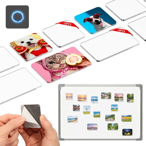 Threns 30 Pcs Acrylic DIY Fridge Magnet Kit, Magnetic Refrigerator Picture Frames, Photo DIY, Clear Acrylic with Adhesive Backing, Suitable for Crafts, Kitchen, Classroom, Party & Office