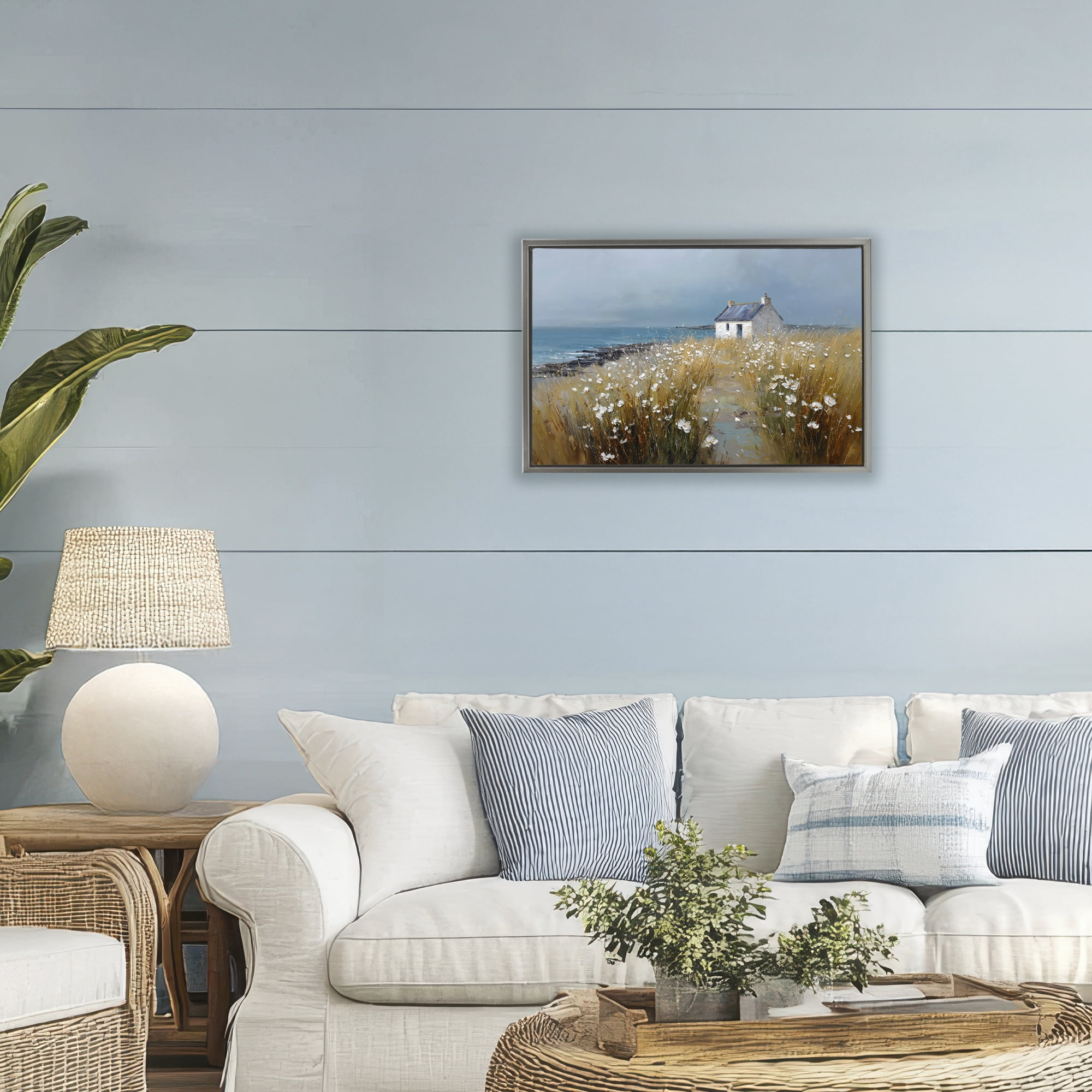 Stupell Industries Oceanfront Cottage Wildflowers Gray Framed Floater Canvas Wall Art, design by Petal Prints Design