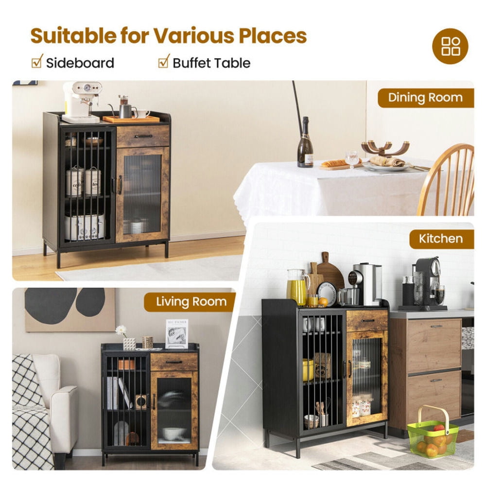 Finihen Kitchen Storage Cabinet, Buffet Sideboard, Kitchen Sideboard Buffet Industrial Pantry Cupboard with Metal Glass Door, for Dining Room, Kitchen, Living Room, Rustic Brown Finihen Kitchen Storage Cabinet, Buffet Sideboard, Kitchen Sideboard Buffet Industrial Pantry Cupboard with Metal Glass Door, for Dining Room, Kitchen, Living Room, Rustic Brown