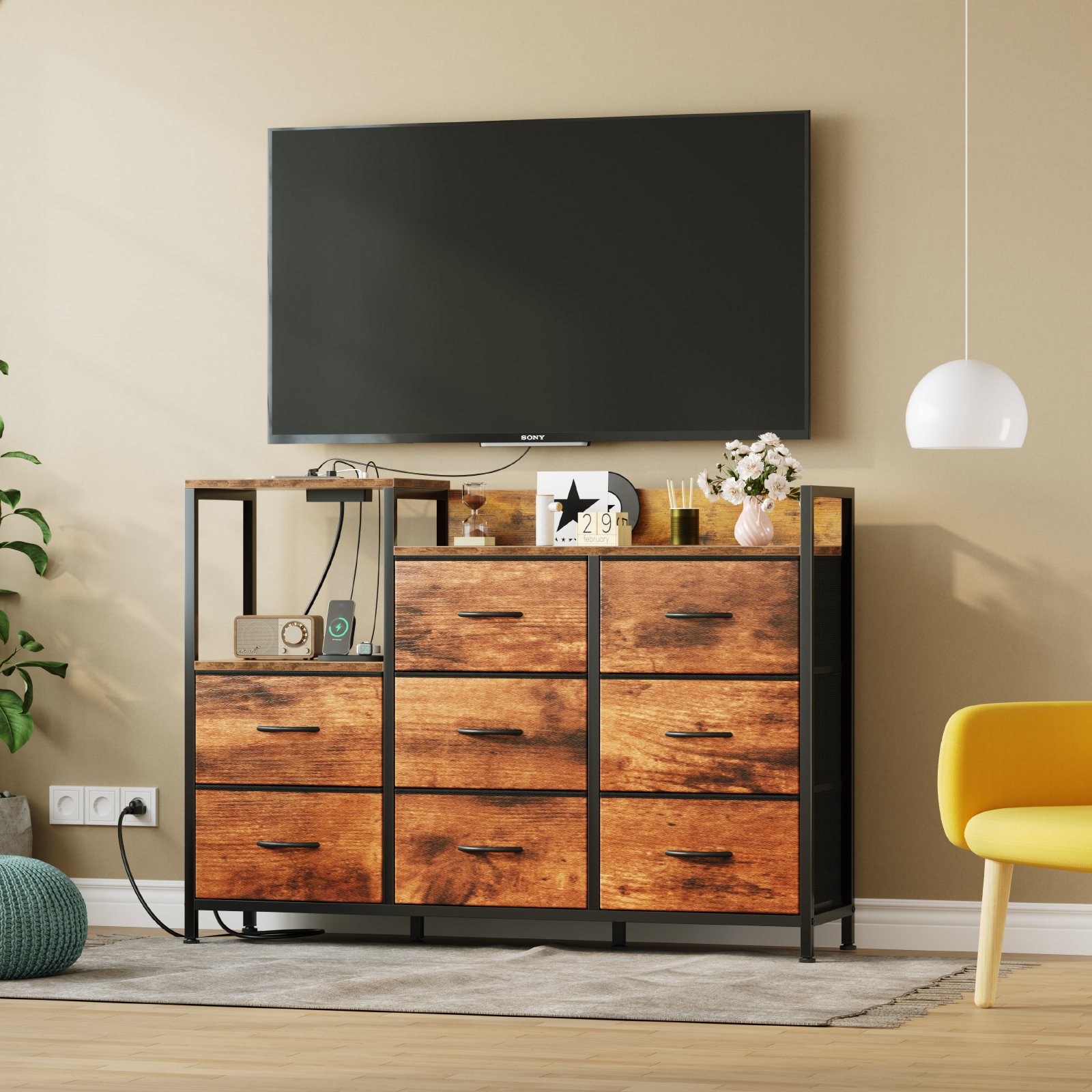 EDX 8 Drawer Dresser TV Stand, with Power Outlets and Open Shelves, for Bedroom and Living Room, Rust