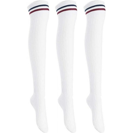 Lian LifeStyle Women's 3 Pairs Adorable Comfortable Soft Thigh High Over Knee High Cotton Socks Size 6-9 L1023(White)