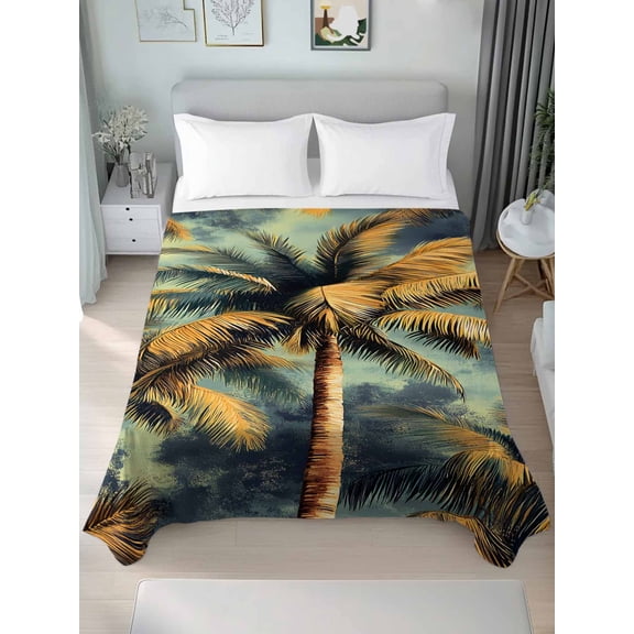 Palm Tree King Size Flat Sheet, Wrinkleproof & Fadeproof Cooling Flat Bed Sheet Only, Retro Summer Botanical Tropical Plant Leaves Breathable Soft Bedding Top Sheets 105 x 98 Inches