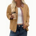 thumbnail image 7 of Nokdvo Lightweight Cropped Jacket Trendy Plaid Collar Zipup Casual Overcoat Lapel Collar Snap Button Single Breasted Outerwear with Pockets,Light Brown S, 7 of 7