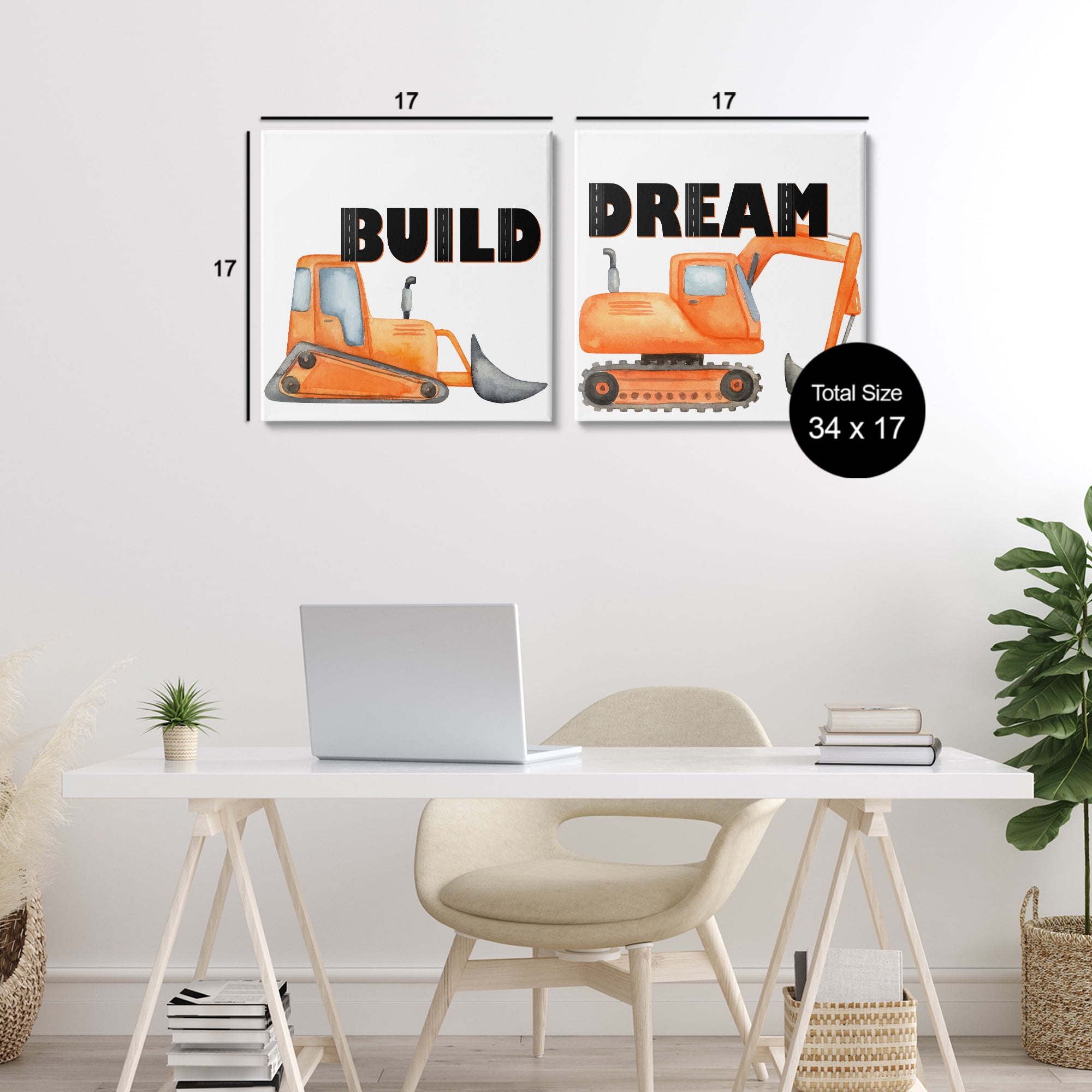 Build & Dream Construction Vehicles 2 Piece Canvas Wall Art Set, design by Kim Allen