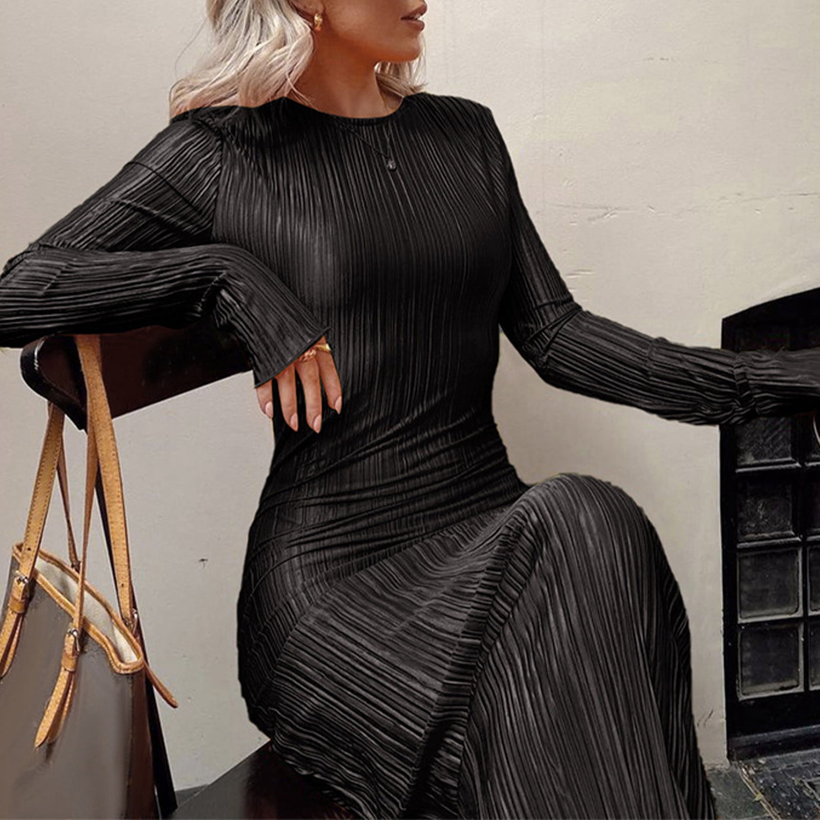 Blmnix Sheath Party Dresses for Women 2025 Black Vacation Long Party Fashion Mock Neck Long Sleeve Dresses
