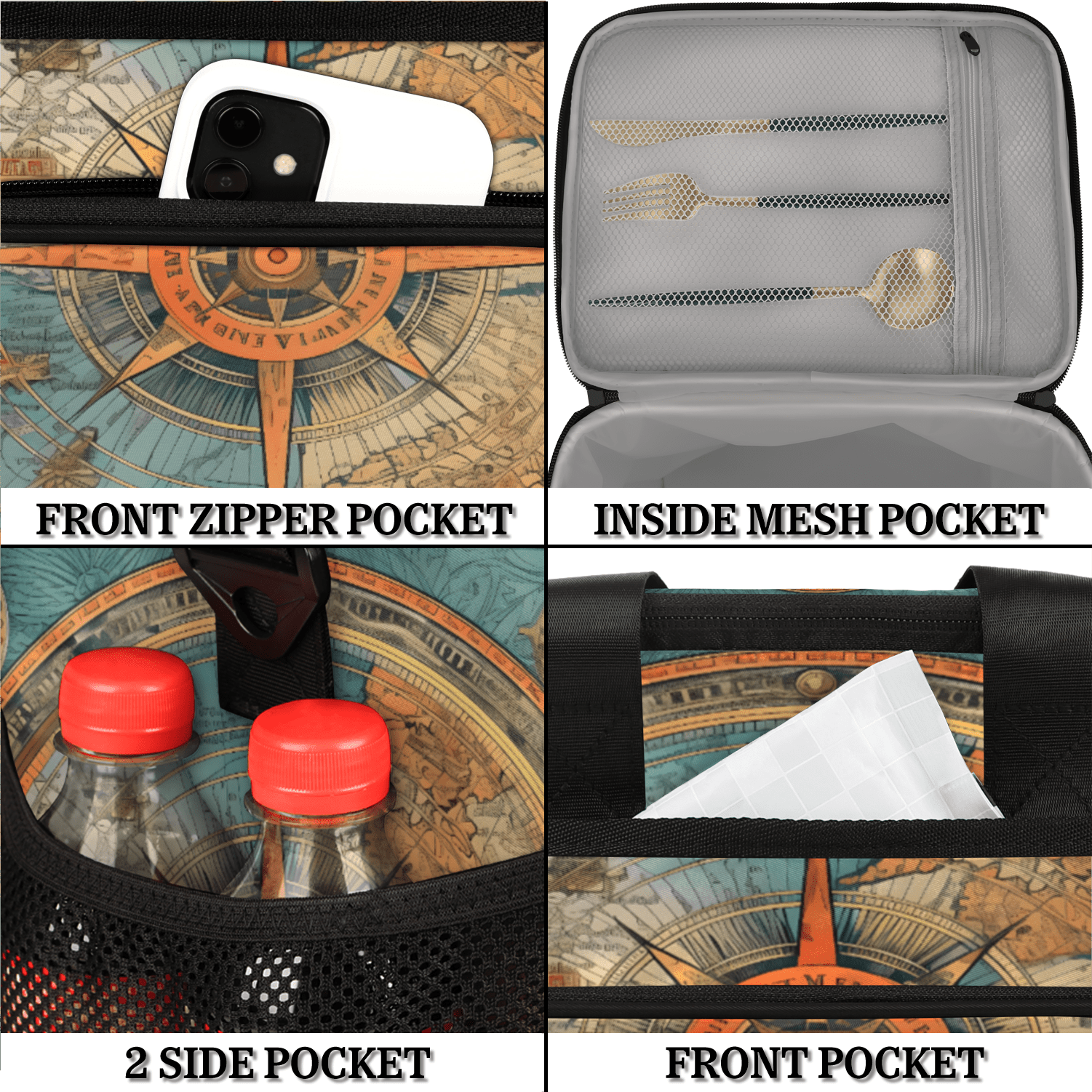 Herdesigns Nautical Ship Compass Large Lunch Box for Adults Women Men with Adjustable Shoulder Strap, Insulated Reusable Lunch Bag Leakproof Cooler Tote Bag