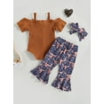 thumbnail image 5 of Musuos Baby Girls Summer Jumpsuits Set 6 12 18 24M 3T Button Short Sleeves Romper and Cow Head Flower Print Elastic Flare Pants Headband, 5 of 10
