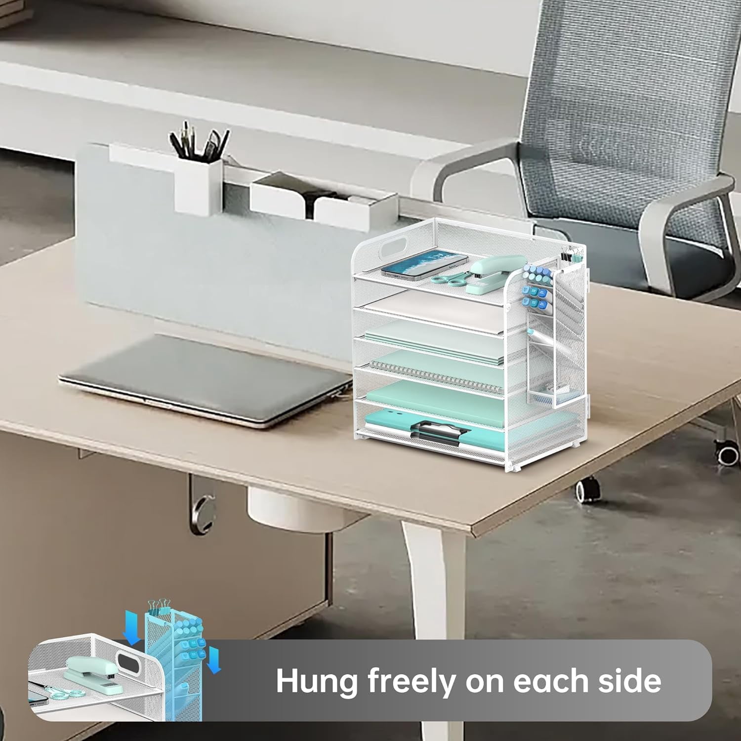 INTIGE 6 Tier Paper Organizer with 4 Pen Holders, Metal Mesh Desk Organizer Letter Tray with Handle, White, Assembly