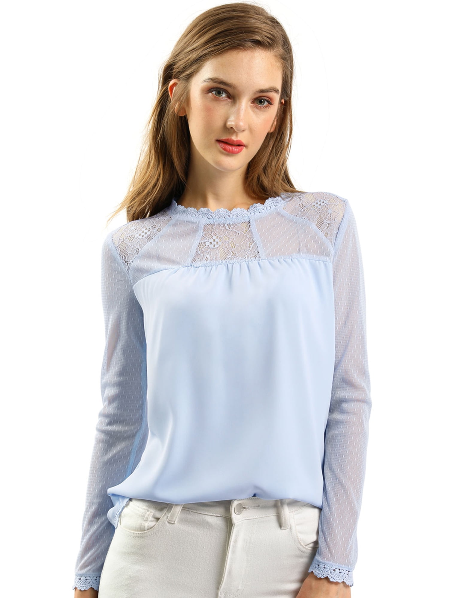 Allegra K Allegra K Women's Lace Floral Crew Neck Chiffon Long