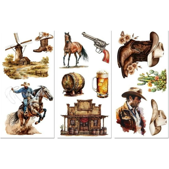 Rub on Transfer Decals for Furniture Crafts Decor 6"x12" 3Pcs Handsome West Cowboy Waterproof UV DTF Transfer Decals Sticker for Dresser Glass Porcelain Wood Plastic Colorful