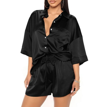 

Binmer Women Summer Pajama Suit short-sleeved V-neck solid color pajamas set home clothes pajamas set