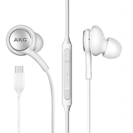 AKG Type C Headphone Earbuds for for ZTE Axon 30 5G - Designed by AKG - Braided Cable with Microphone and Volume Remote USB-C Connector - White