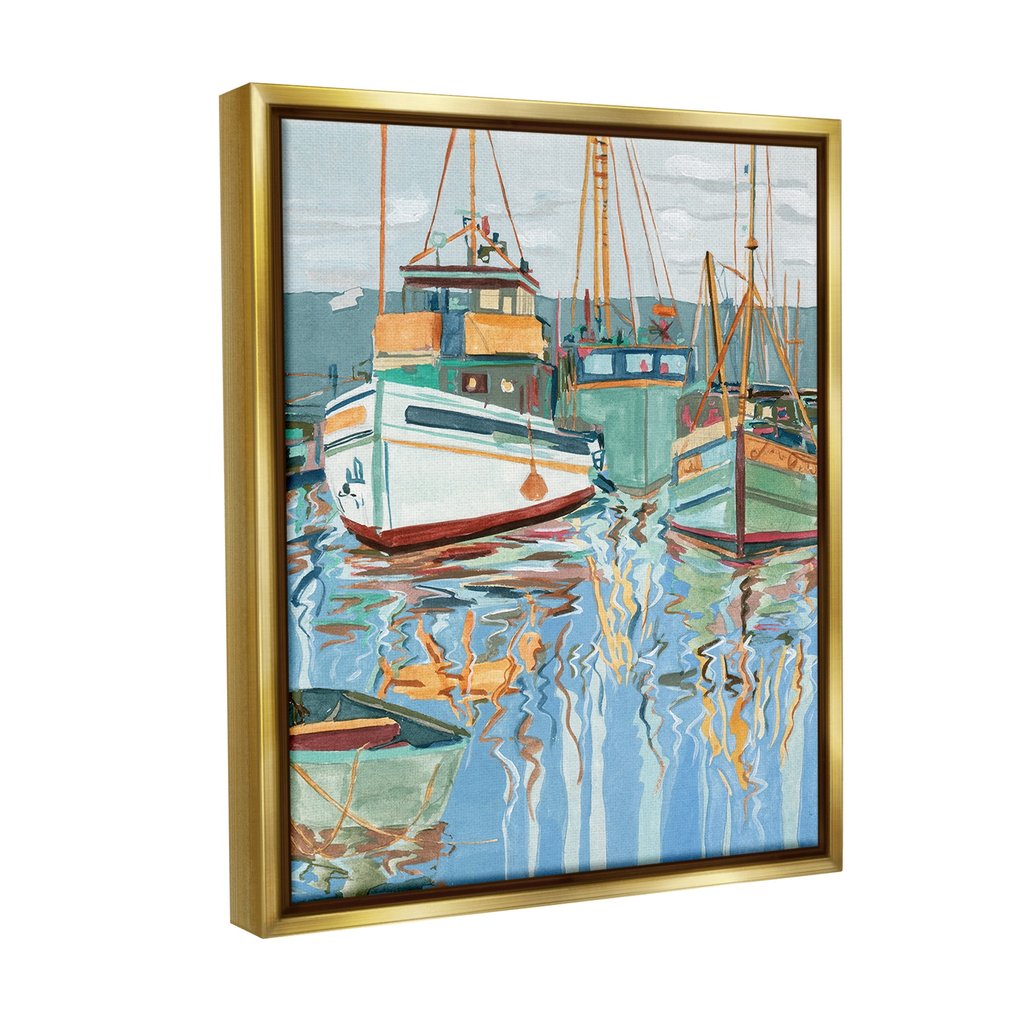 Stupell Industries Boat Harbor Reflections Transportation Painting Gold Floater Framed Canvas Art Print Wall Art, 25 x 31