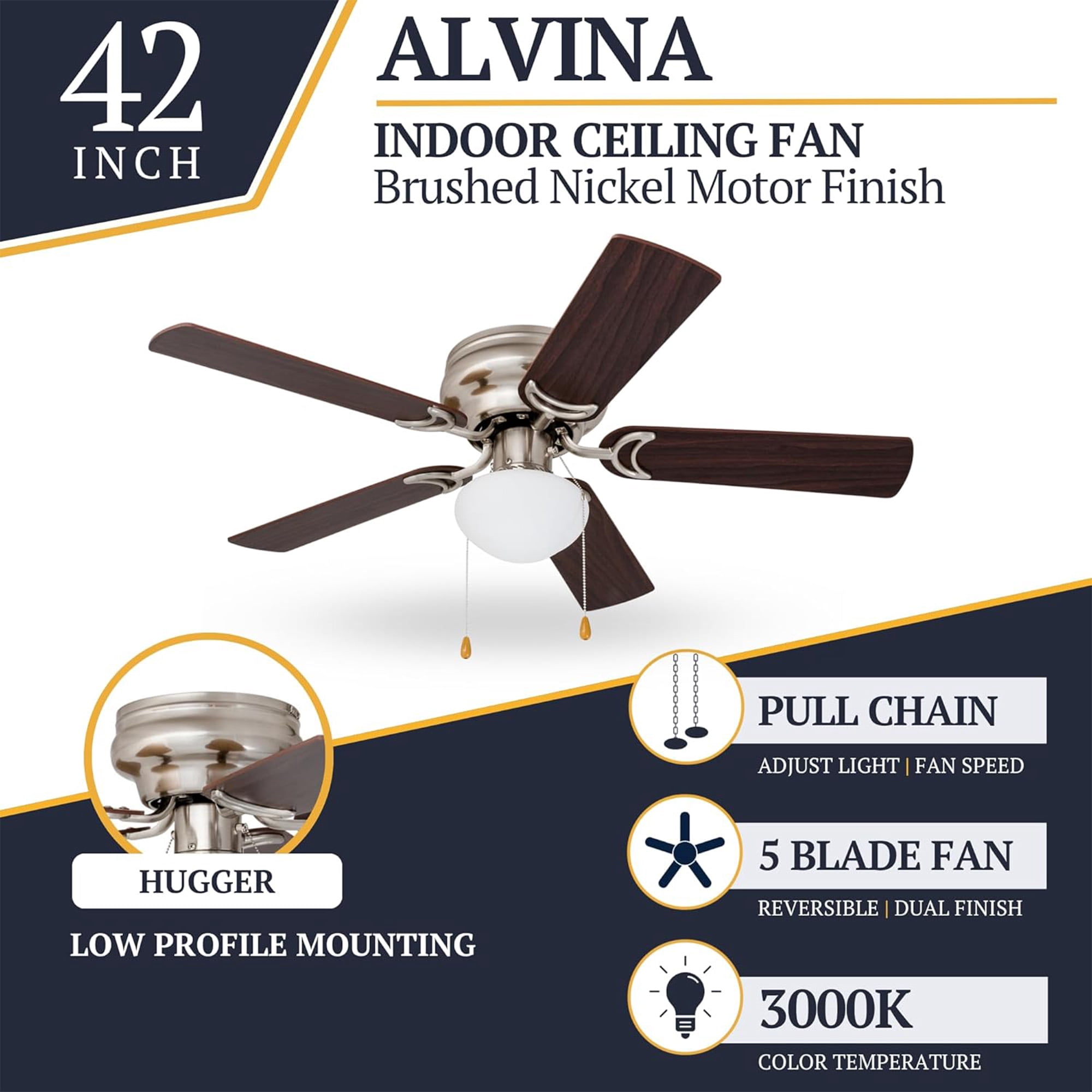 Prominence Home Alvina 42 Inch Flush Mount Ceiling Fan with Light, Brushed Nickel