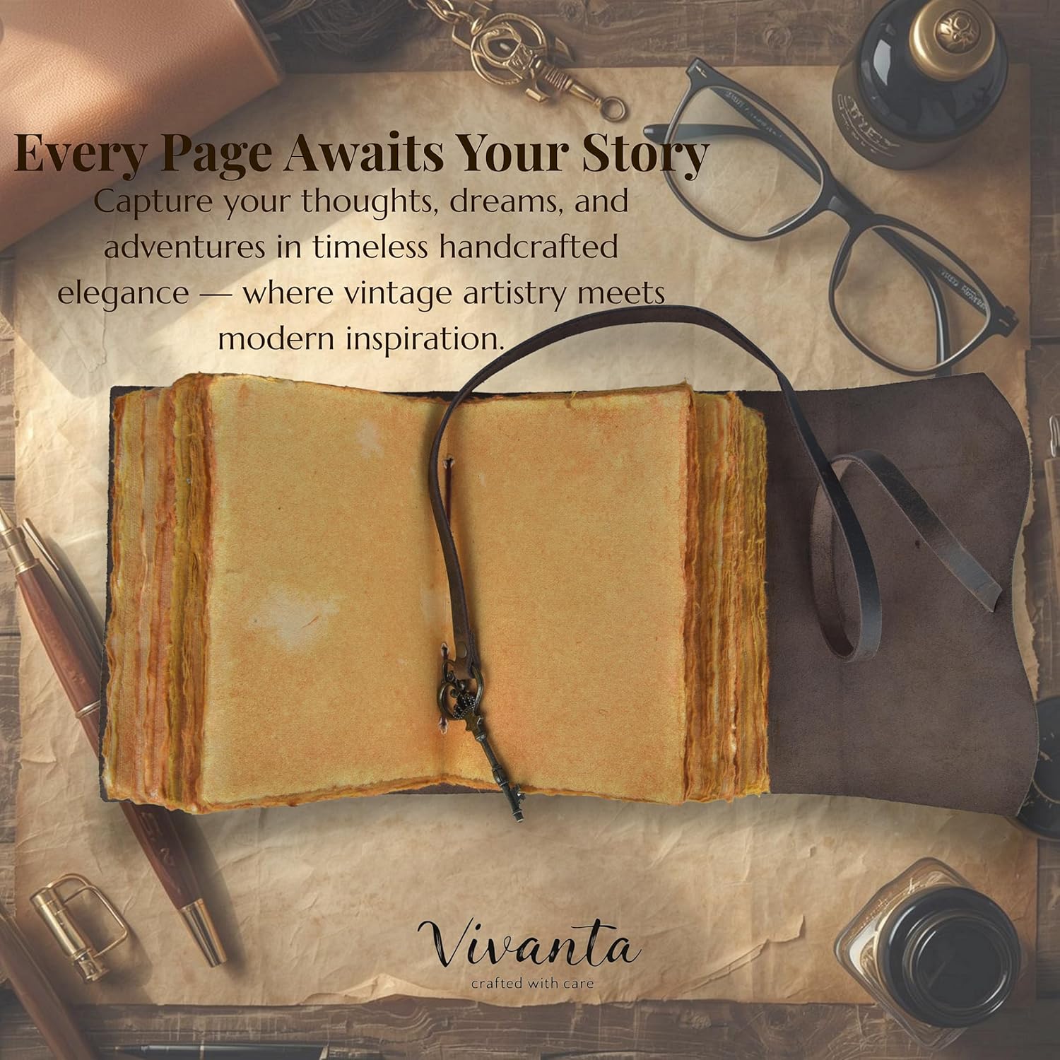 Vivanta Vintage Leather Journal Notebook 7x5 – Handmade Leather-Bound Diary for Men & Women with Deckle Edge Paper for Travel, Spell Book & Grimoire
