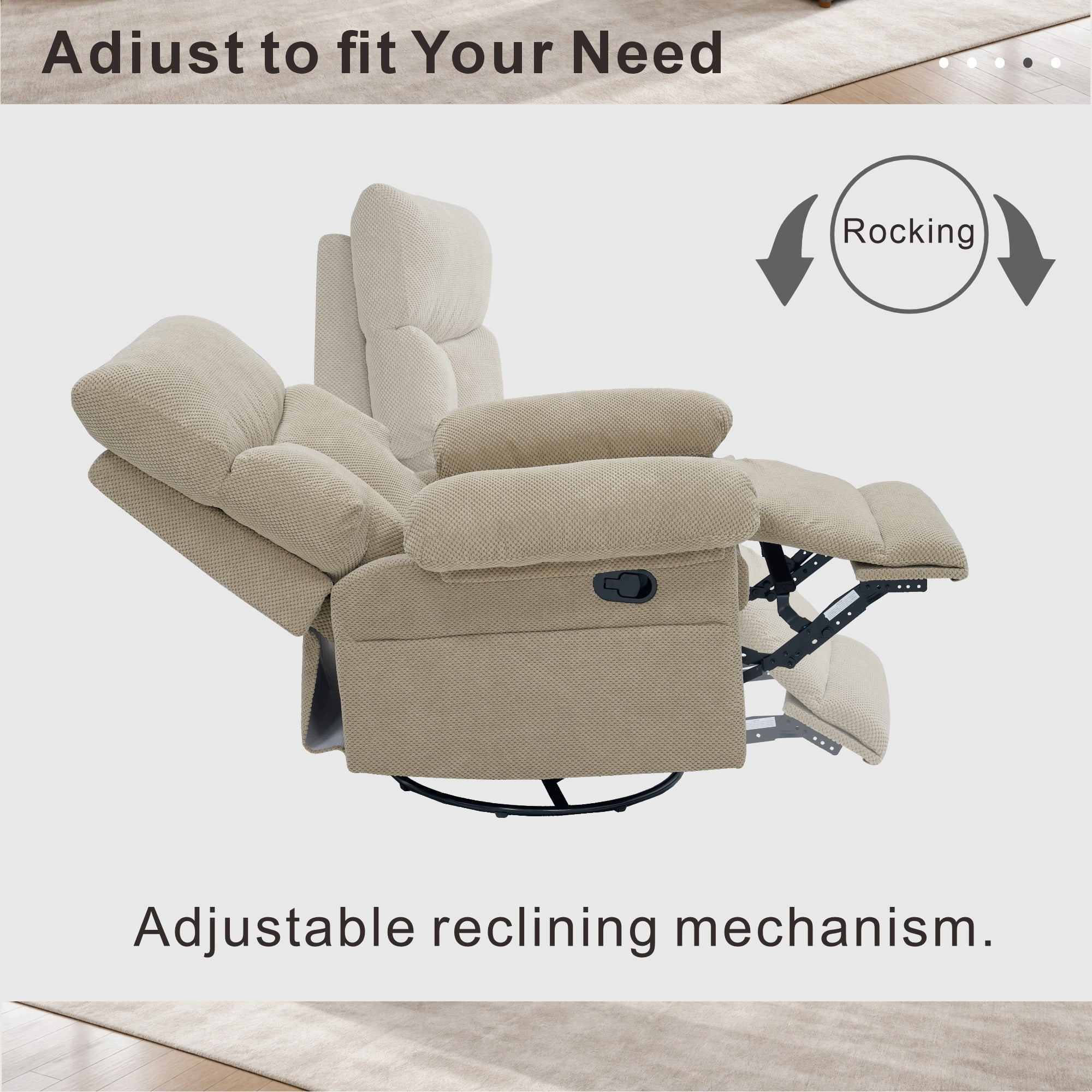 Leumius Swivel Rocker Recliner for Adults,360° Upholstered Glider Recliner Rocking Chair for Nursery,Manual Recliner Chair for Living Room, Bedroom,Camel