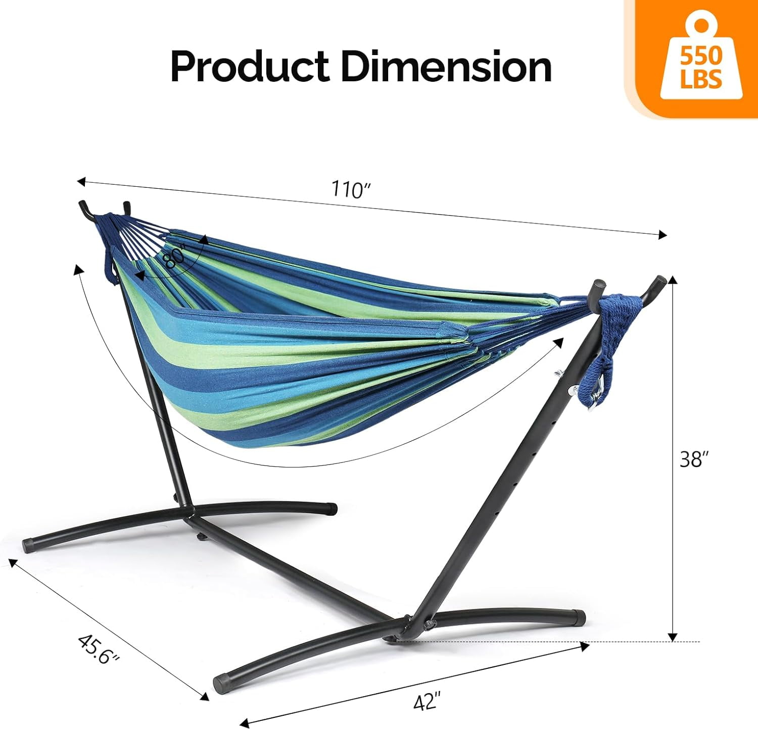 ONCLOUD Heavy Duty 550 LBS Double Hammock with Stand Included with Portable Carrying Bag, Upgraded 2 Person Hammock with Frame for Outdoors & Indoors, Series TDCTZ2 - Blue Green Stripe