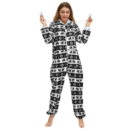 

Women s Hooded Christmas Pajamas Print Warm Fleece Zip Up Long Sleeve Onesie Jumpsuit Casual Soft Sleepwear Romper