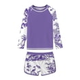 thumbnail image 2 of Guluxicc Girls Rash Guard Swimsuit 2 Pieces Long Sleeve Tropical Color Block Crewneck Tops with Shorts Summer Sun Protection Bathing Suit, 2 of 9