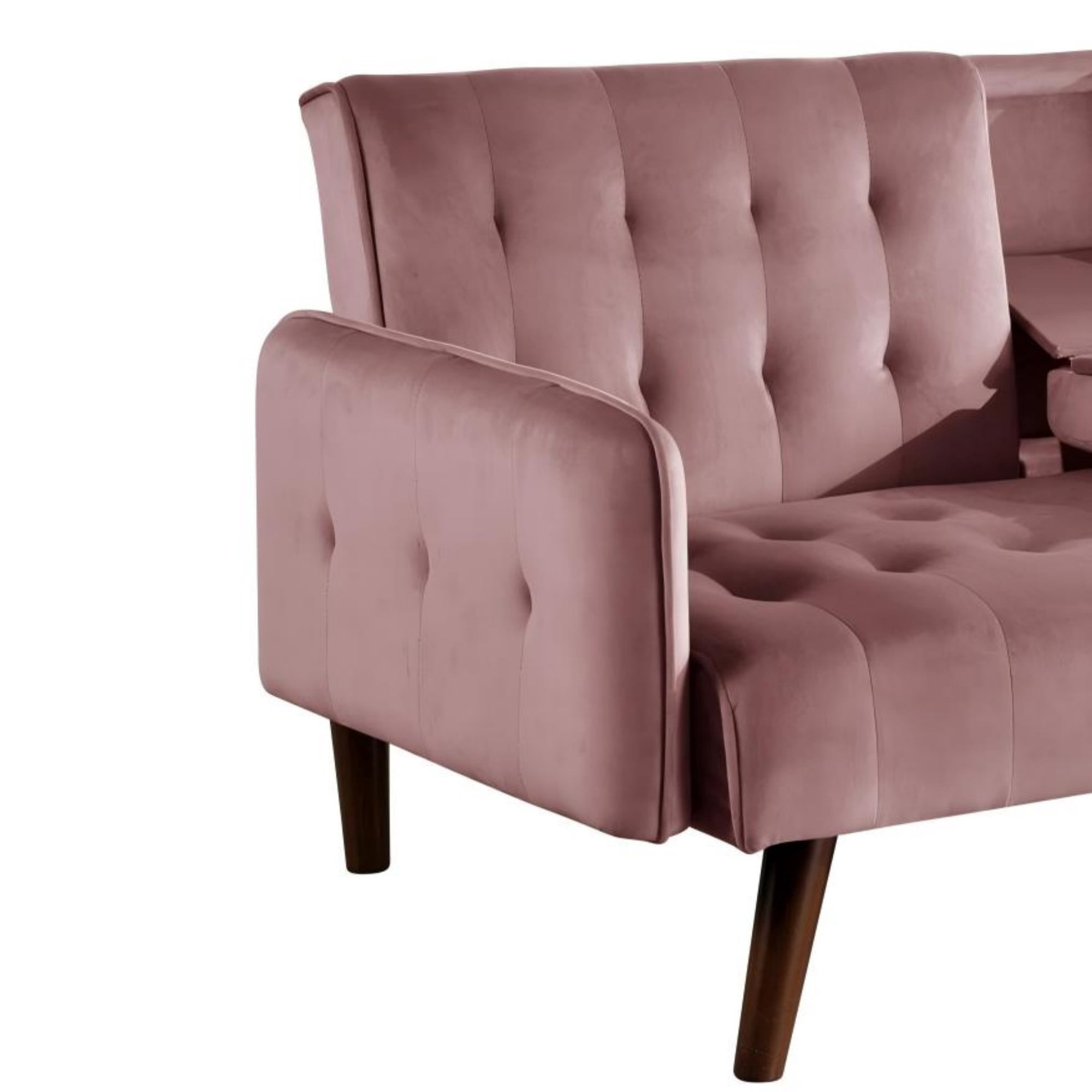 BSHTI 72" Linen Sleeper Sofa Bed with Folding Backrest,Adjustable Back, Drop-Down Table with Cup Holder for Living Room（Pink）