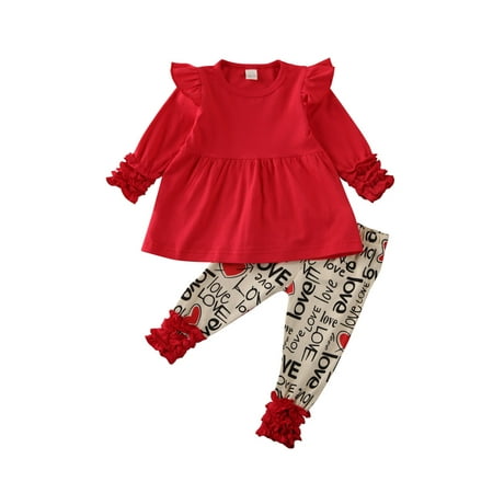 

AvoDovA Girl Valentine s Outfits Solid Ruffle Tunic Dress Tops Long Sleeve Shirt Heart Leggings Pants 3Pcs Clothes Set Red 3-4T