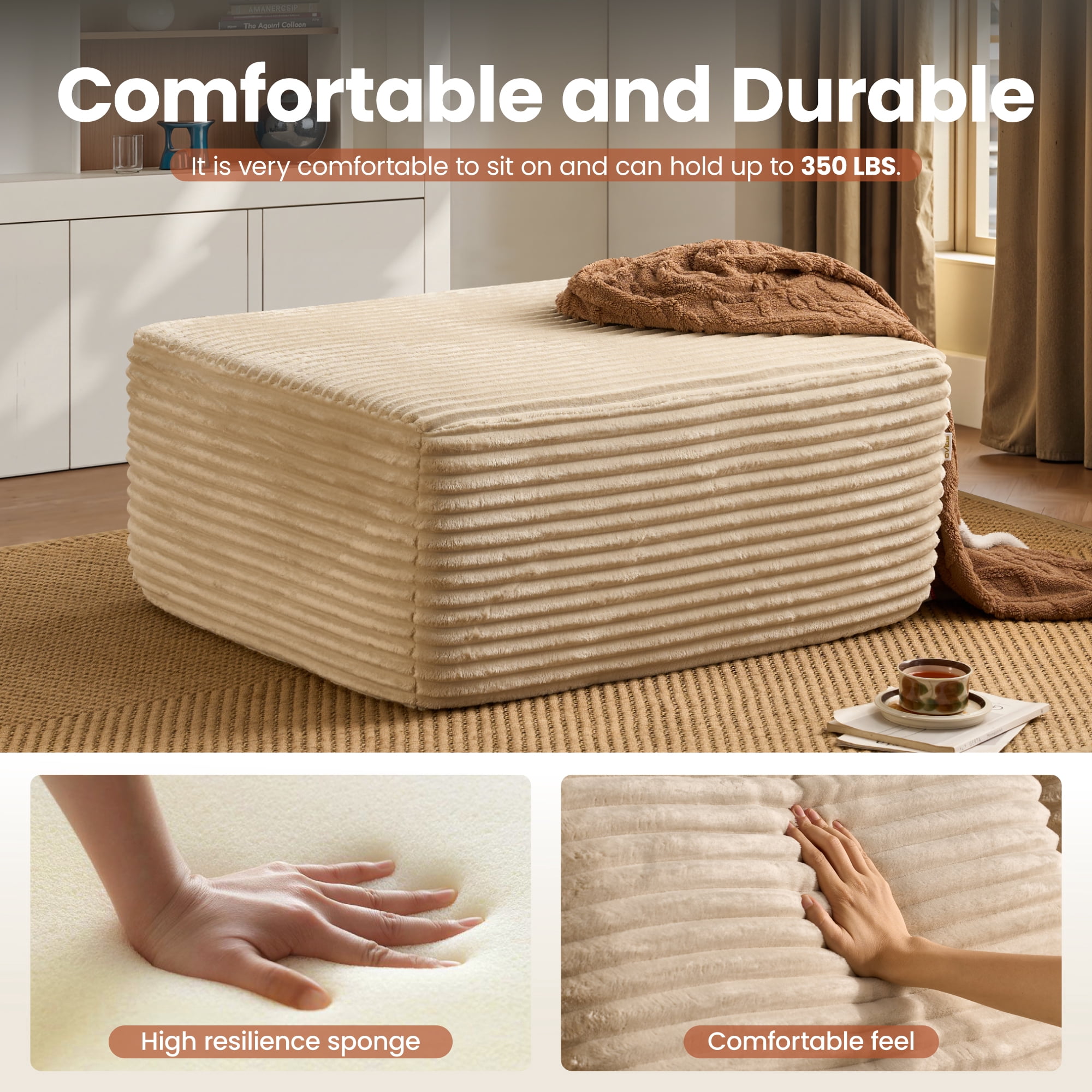 Ovios Oversized Ottoman Footrest for Sofa Large Plush Corduroy Pouf Ottoman Coffee Table Rectangle Floor Bench Extra Seating for Living Room, No Assembly, Beige