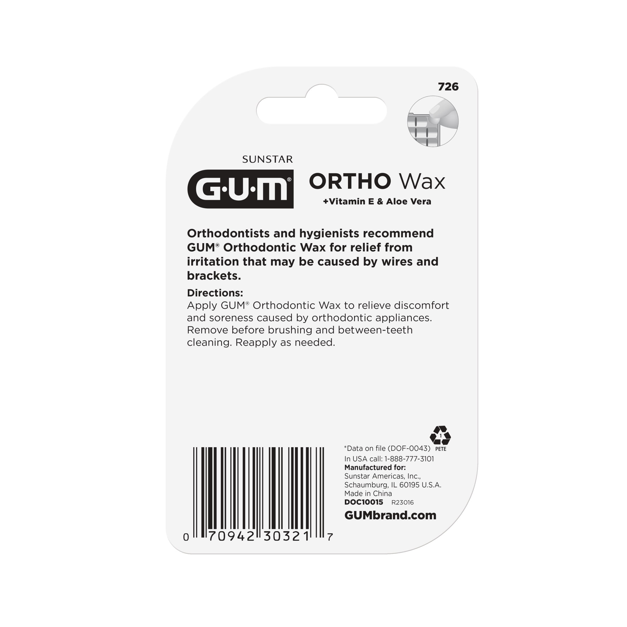 GUM Orthodontic Wax for Braces and Dental Devices with Vitamin E and Aloe Vera, Mint Flavor, Pack of 2
