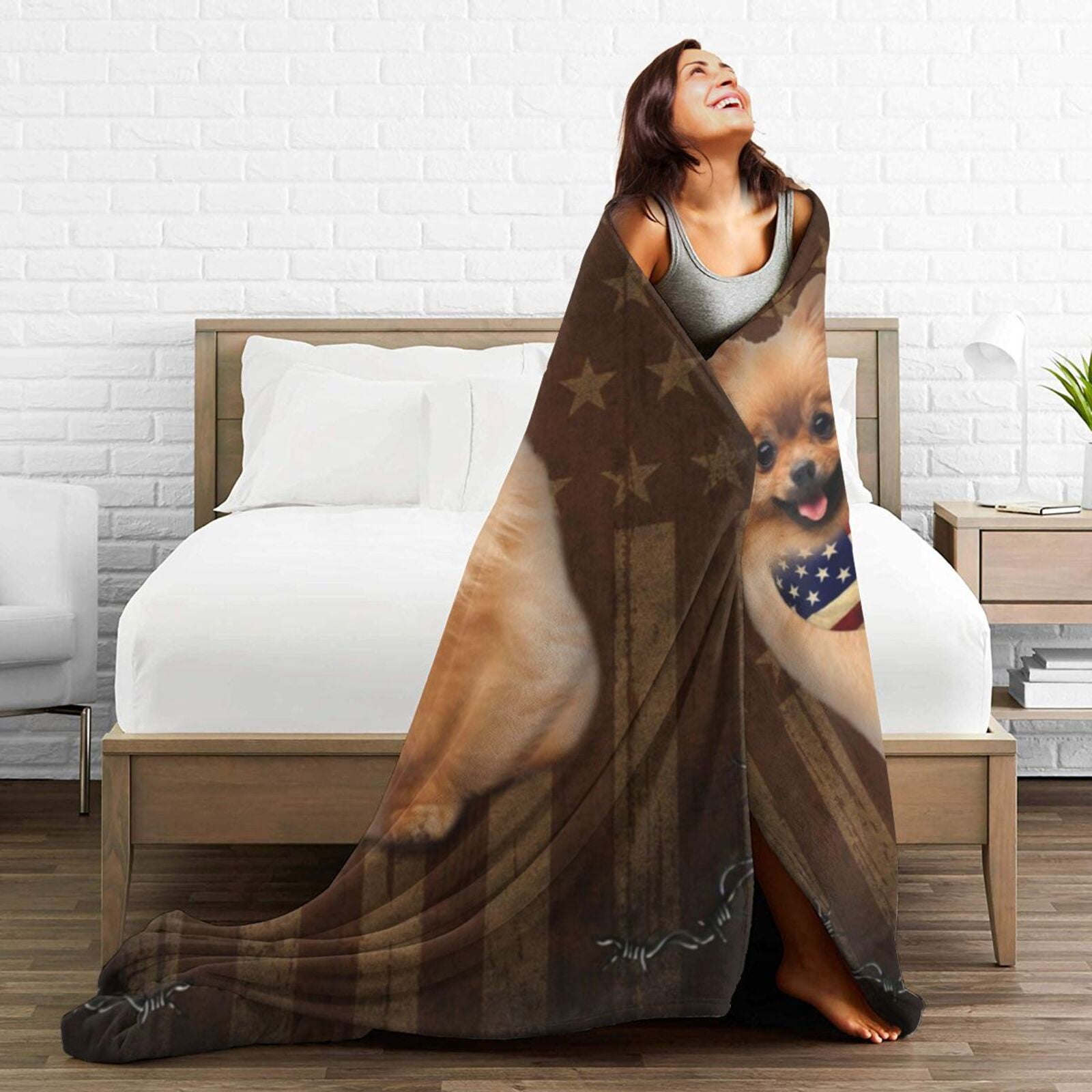 Wijzvio Springer Spaniel Dog With Vintage American Flag Throw Blanket Soft Fuzzy Fleece Blanket For Couch Bed Living Room Decoration 60"X50"