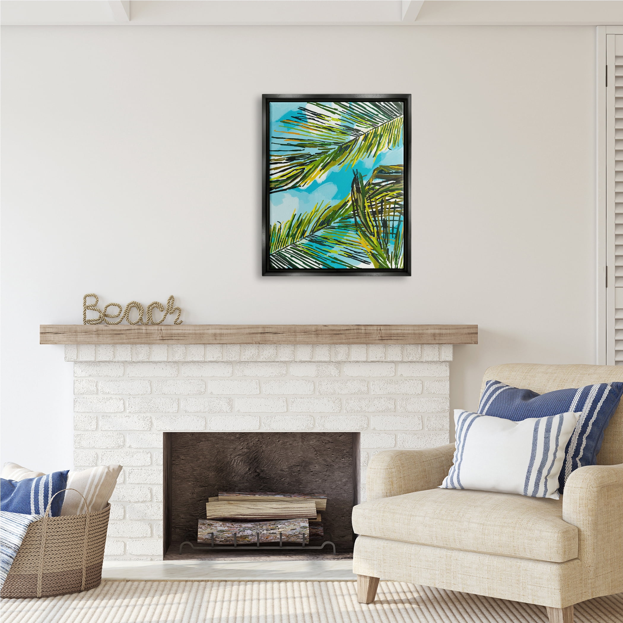 Stupell Industries Palm Leaves Blue Sky Botanical & Floral Painting Black Floater Framed Art Print Wall Art, 25 x 31