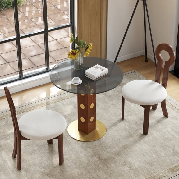 Miekor Furniture Modern Round Dining Table, 33.5" Tempered Glass Table with Wooden Leg & Gold Base, 2 - Person Kitchen Table for Small Space, 150lbs Weight Capacity(Only the Negotiation Table) MK7629
