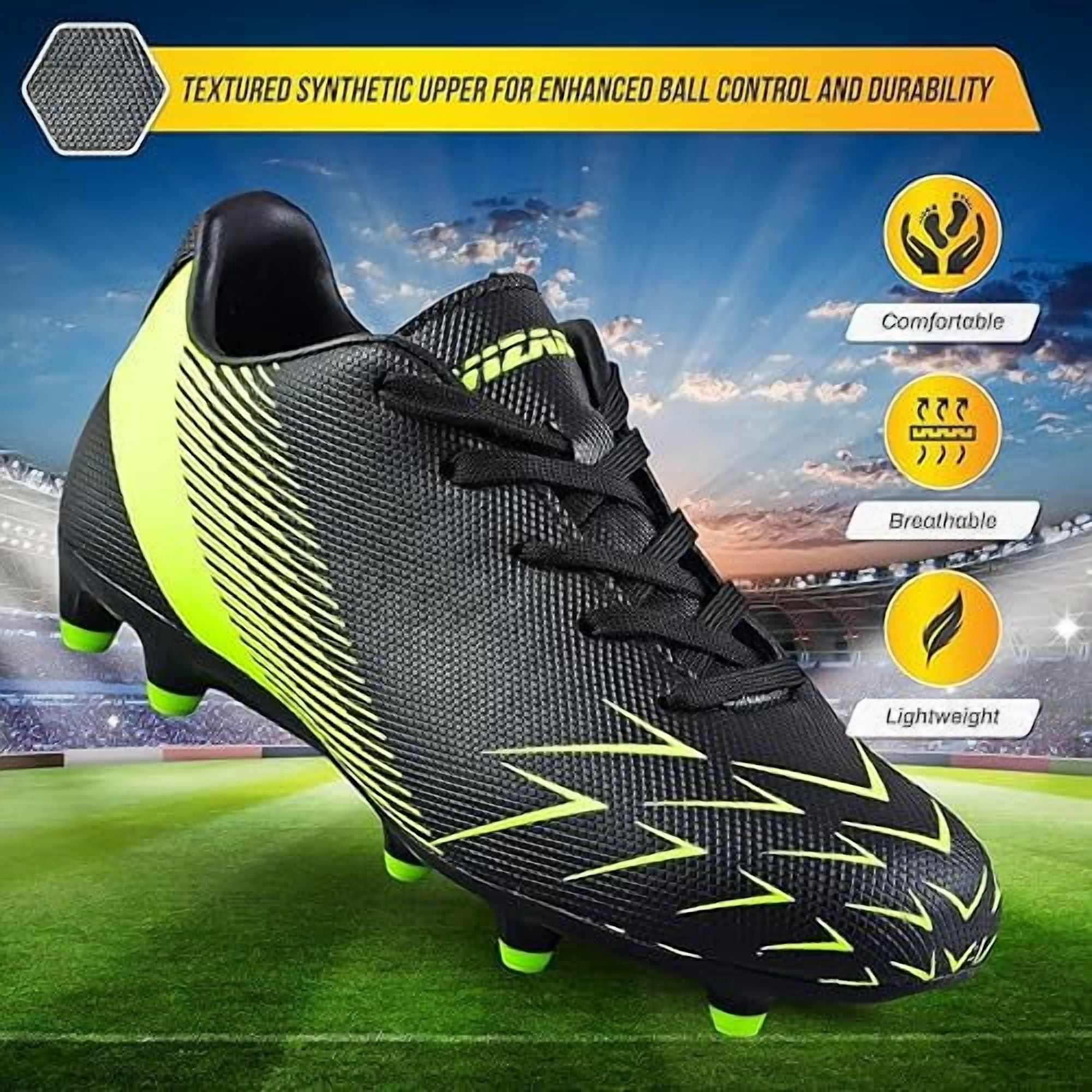 Vizari Ranger Firm Ground Soccer Cleats for Kids – Durable, Comfortable, and Lightweight Soccer Shoes for Toddlers, Little Kids, and Big Kids, Black/Neon Green, 2.5