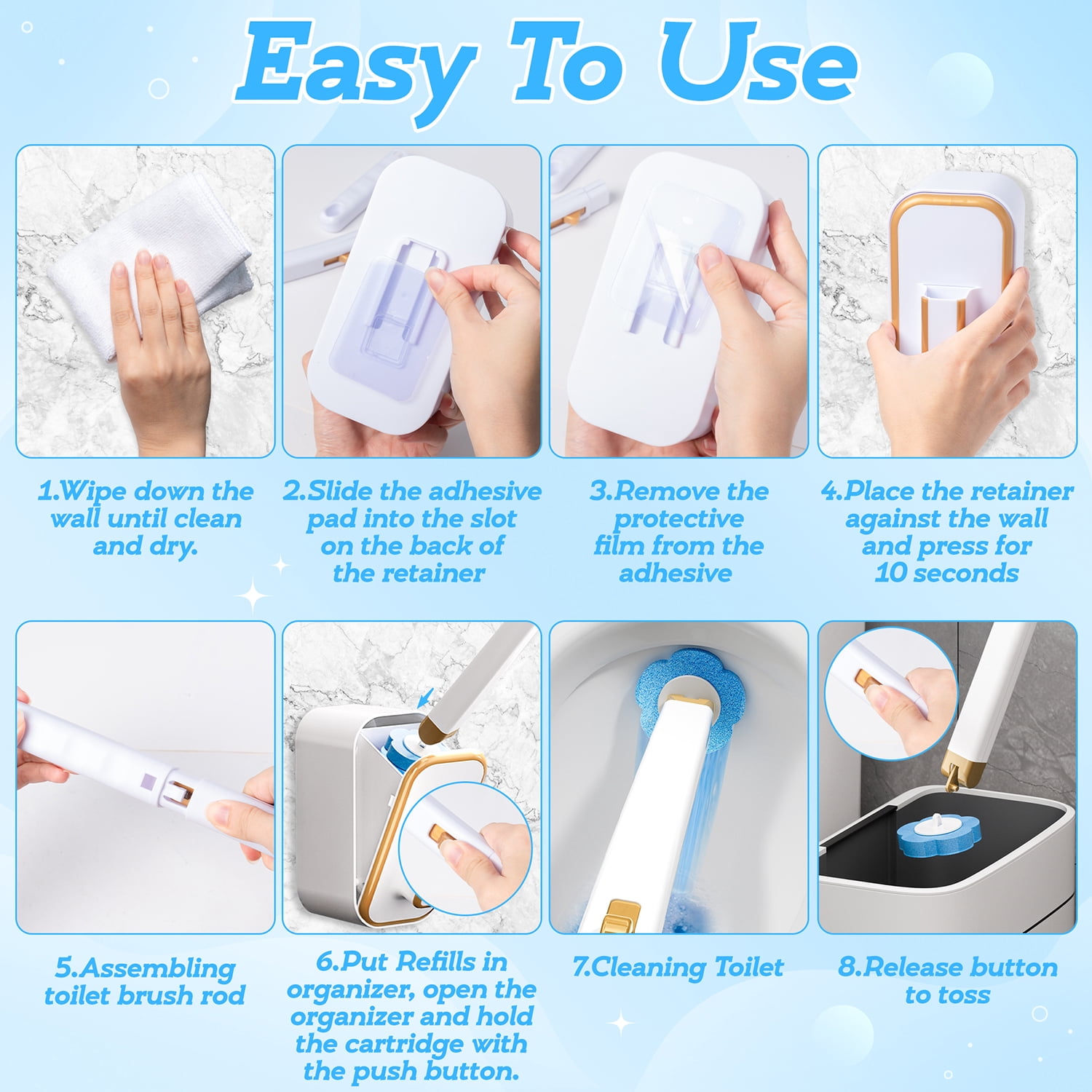 Belanttega 1Pcs Disposable Toilet Brush Cleaning System with 60pcs Refills Pads Replacement Heads, Toilet Cleaning Stick, Wall Mounted Toilet Wand Kit for Bathroom Toilet Brushes & Holders