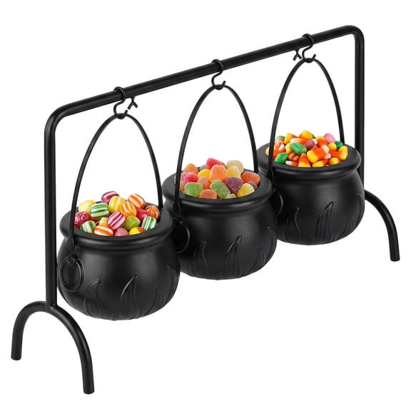 Halloween Decor Witches Cauldron Bowl Set with Metal Stand, 3 Pack Black Plastic Hanging Candy Storage Pots, Tabletop Party Decor for Holiday Home Kitchen Indoor Outdoor Decorations