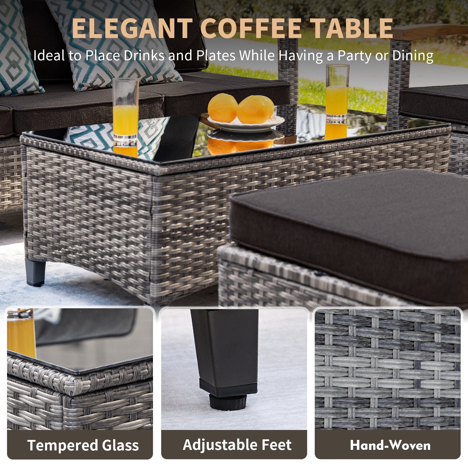 MEISSALIVVE 10 Pieces Outdoor Patio Furniture Sets, Wicker Patio Conversation Sets with 2 Wood Armrests Swivel Glide Chairs,2 Single Chairs, Outdoor Couch and Coffee Table(Black)